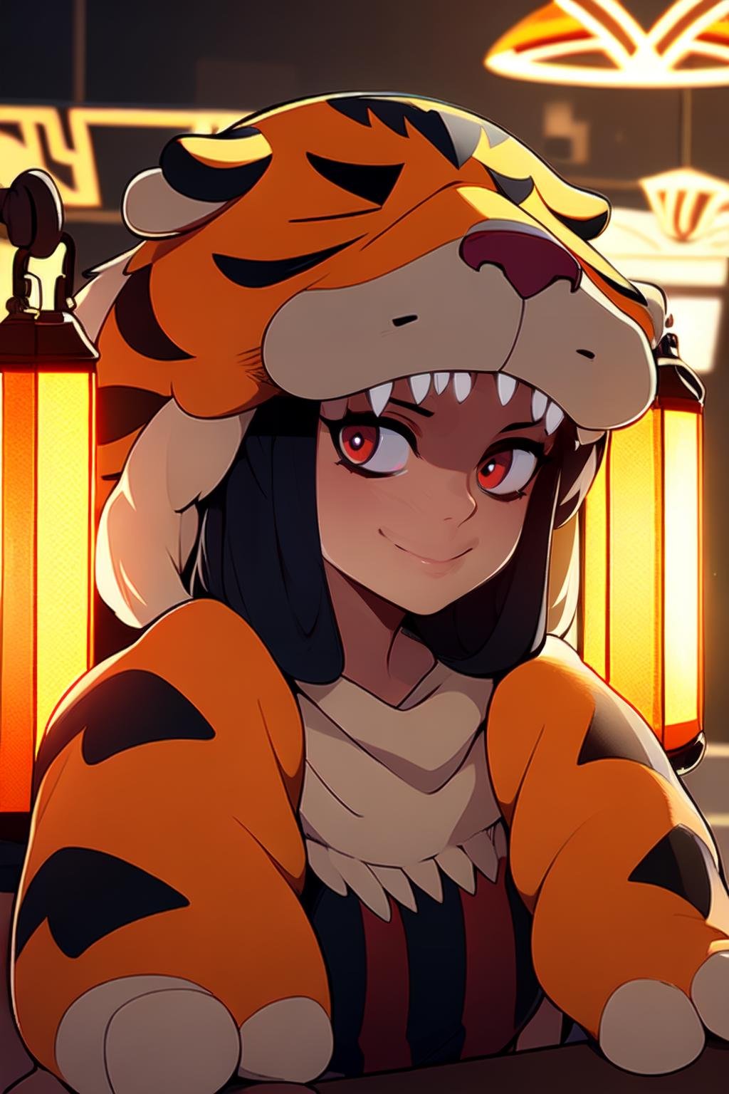 masterpiece,  perfectly detailed,  Razmi_IVSB,  tiger pelt,  tiger stripes,  tiger paws,  1girl,  bags under eyes,  black hair,  lantern,  pelt,  smile,  female_solo, <lora:EMS-83262-EMS:0.800000>