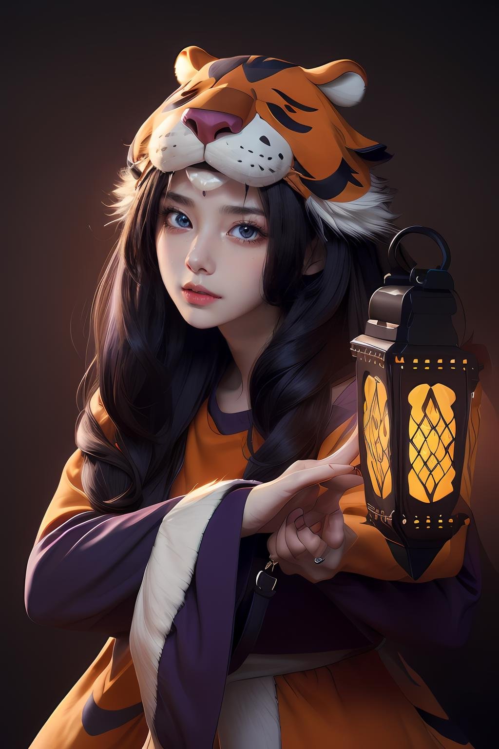 Razmi_IVSB,  tiger pelt,  tiger stripes,  tiger paws,  black hair,  long hair,  bags under eyes,  purple eyes,  pale skin,  neck ruff,  fur coat,  fur trim,  fur-trimmed dress,  long sleeves black dress,  black nails,  long fingernails,  sharp fingernails,  holding lantern, <lora:EMS-83262-EMS:0.800000>