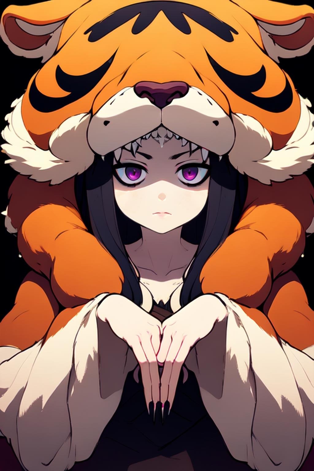 masterpiece,  perfectly detailed,  detailed face,  AGGA_ST022,  Razmi_IVSB,  tiger pelt,  tiger stripes,  tiger paws,  black hair,  long hair,  bags under eyes,  purple eyes,  pale skin,  neck ruff,  fur coat,  fur trim,  fur-trimmed dress,  long sleeves black dress,  black nails,  long fingernails,  sharp fingernails, <lora:EMS-83262-EMS:0.800000>