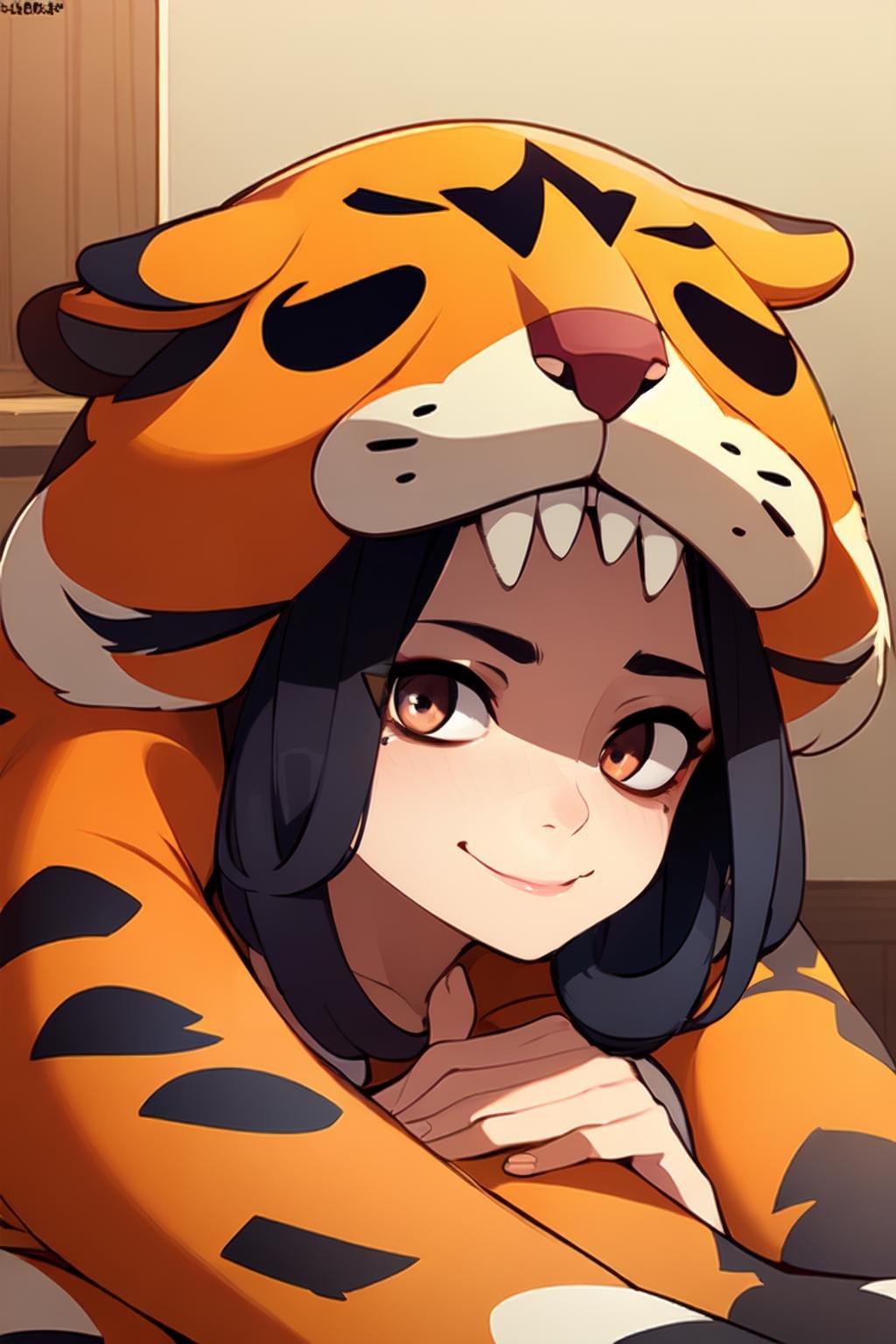 masterpiece,  perfectly detailed,  detailed face,  Razmi_IVSB,  tiger pelt,  tiger stripes,  tiger paws,  1girl,  bags under eyes,  black hair,  lantern,  pelt,  smile,  female_solo, <lora:EMS-83262-EMS:0.800000>