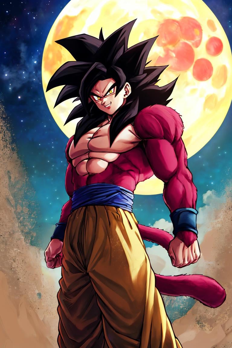 <lora:Alex_Ahad_Style :0.8>,((masterpiece,best quality)), absurdres, <lora:Super_Saiyan_4_Goku_Anime:0.8>, Super_Saiyan_4_Goku, 1boy, male focus, super saiyan, tail, wristband, pants, red fur, black hair,  solo, smiling, looking at viewer, cowboy shot, scifi background, giant moon, starry sky,