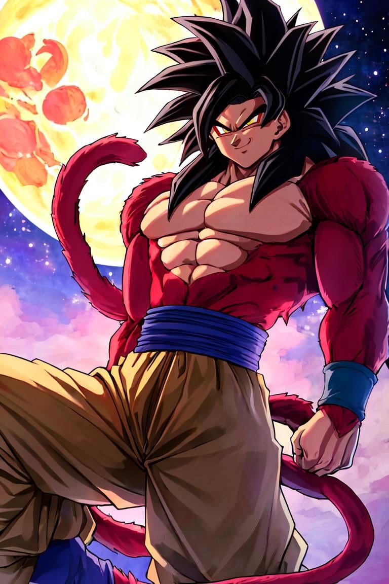 <lora:Sameyama_Jiro_Style_Dim32 :0.8>,((masterpiece,best quality)), absurdres, <lora:Super_Saiyan_4_Goku_Anime:0.8>, Super_Saiyan_4_Goku, 1boy, male focus, super saiyan, tail, wristband, pants, red fur, black hair,  solo, smiling, looking at viewer, cowboy shot, scifi background, giant moon, starry sky,