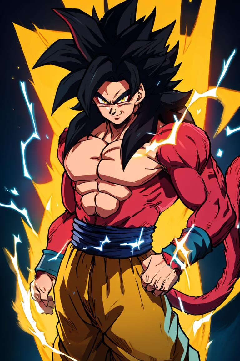 <lora:Puppypaww_Style :0.8>,((masterpiece,best quality)), absurdres, energy, aura, electricity, <lora:Super_Saiyan_4_Goku_Anime:0.8>, Super_Saiyan_4_Goku, 1boy, male focus, super saiyan, tail, wristband, pants, red fur, black hair,  solo, smiling, looking at viewer, cowboy shot, 