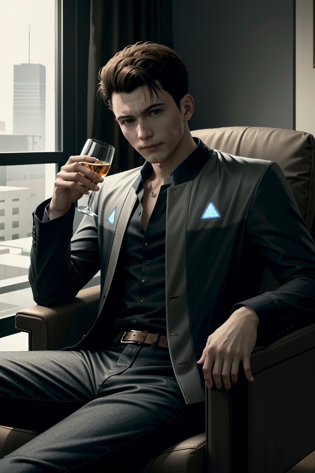 ((masterpiece, best quality))
DConnor, short hair, brown hair, Inside a luxurious penthouse suite, sophisticated yakuza attire, reclining on a leather chair with a glass of whiskey, surrounded by opulence
