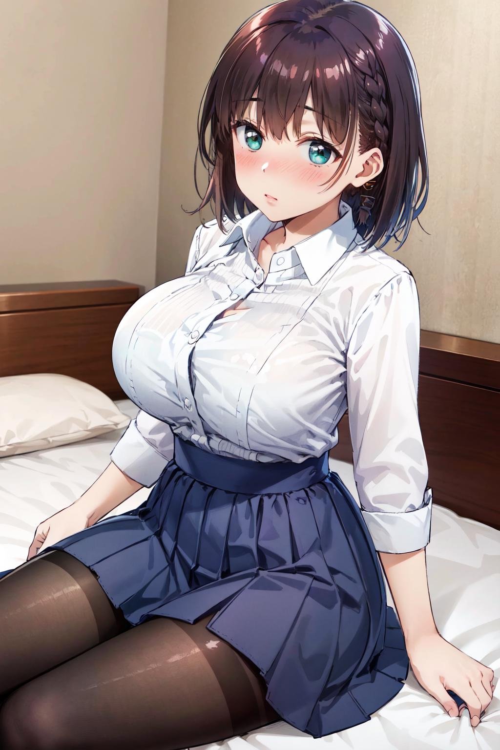 masterpiece,best quality,highres,ultra-detailed,aaai,short hair,bangs,side braid,large breasts,(shirt:1.2),long sleeves,skirt,pantyhose,<lora:ai-chan_(tawawa):0.8>,indoors,bed,sitting,blush,embarrass,