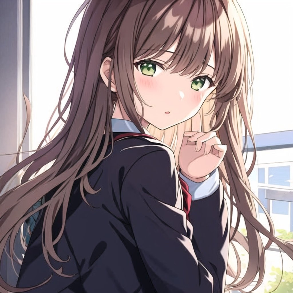 minami,1girl,solo,bangs,brown hair,green eyes,long hair,<lora:minami_20231119135635-000011:0.8>,masterpiece,best quality,school uniform,leaning to the side,