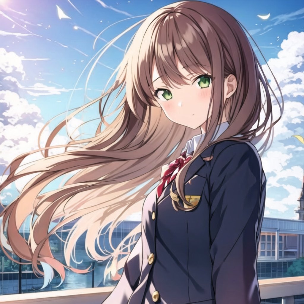 minami,1girl,solo,bangs,brown hair,green eyes,long hair,<lora:minami_20231119135635-000011:0.8>,masterpiece,best quality,school uniform,leaning to the side,