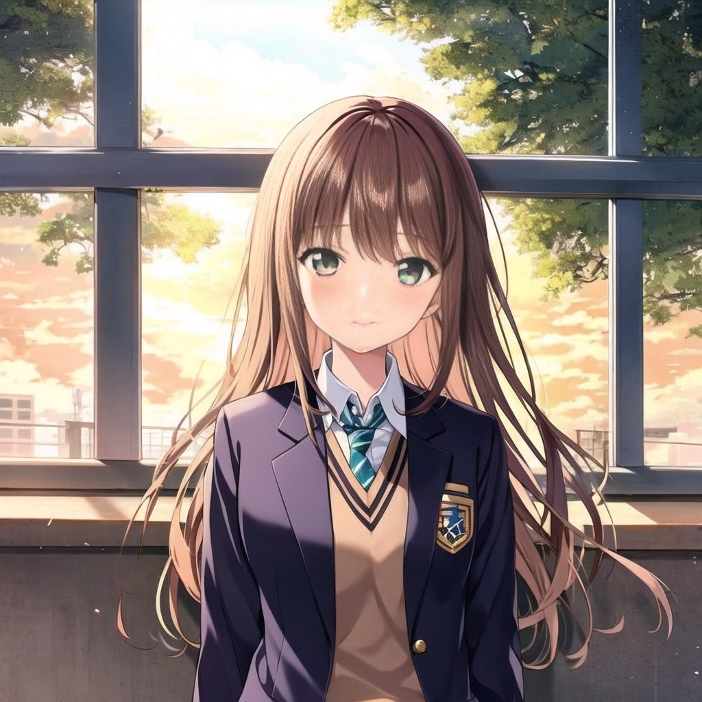 minami,1girl,solo,bangs,brown hair,green eyes,long hair,<lora:minami_20231119135635-000011:0.8>,masterpiece,best quality,school uniform,leaning to the side,