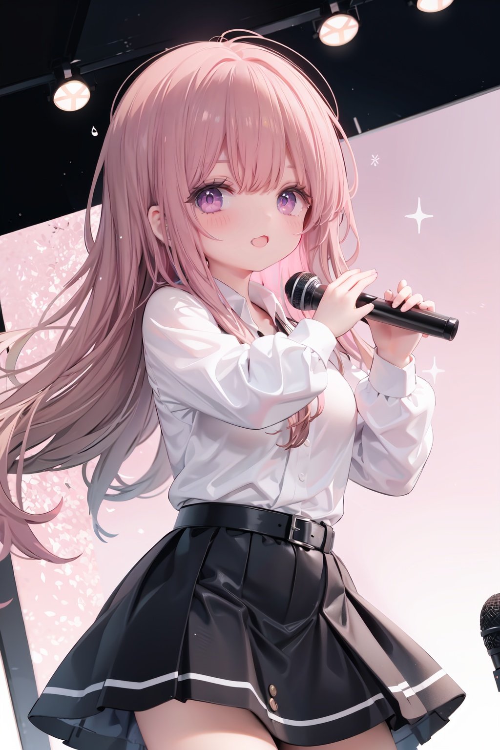  1girl, solo, microphone, smile, skirt, blush, brown eyes, long hair, open mouth, looking at viewer, brown hair, long sleeves, :d, shirt, bangs, belt, breasts, pink shirt, outstretched arm, music, black belt, medium breasts, holding microphone, singing