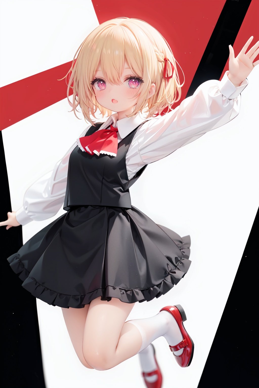  1girl, rumia, blonde hair, solo, white background, red eyes, red footwear, simple background, ascot, short hair, ribbon, open mouth, hair ribbon, smile, long sleeves, shirt, looking at viewer, red ascot, white socks, white shirt, red ribbon, shoes, socks, frills, bangs, outstretched arms, hair between eyes, skirt, :d, dress, vest, mary janes, black dress, black skirt, collared shirt, black vest, blush