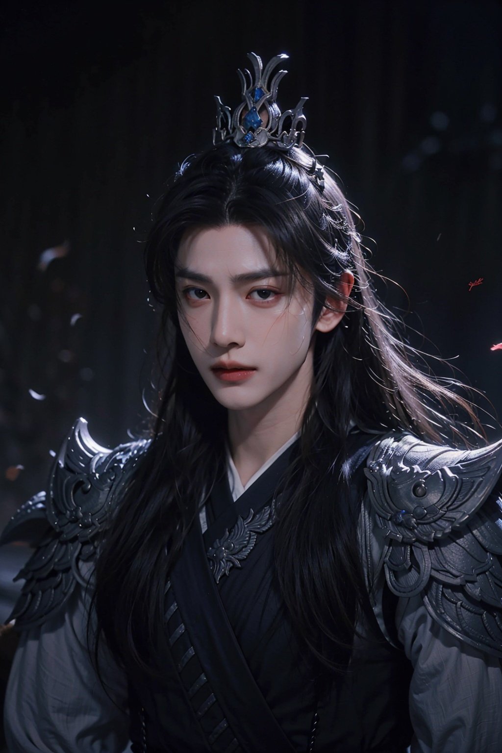 solo, 1boy, male focus, black hair, armor, long hair, realistic, crown, looking at viewer, signature, lips, weapon, closed mouth, upper body