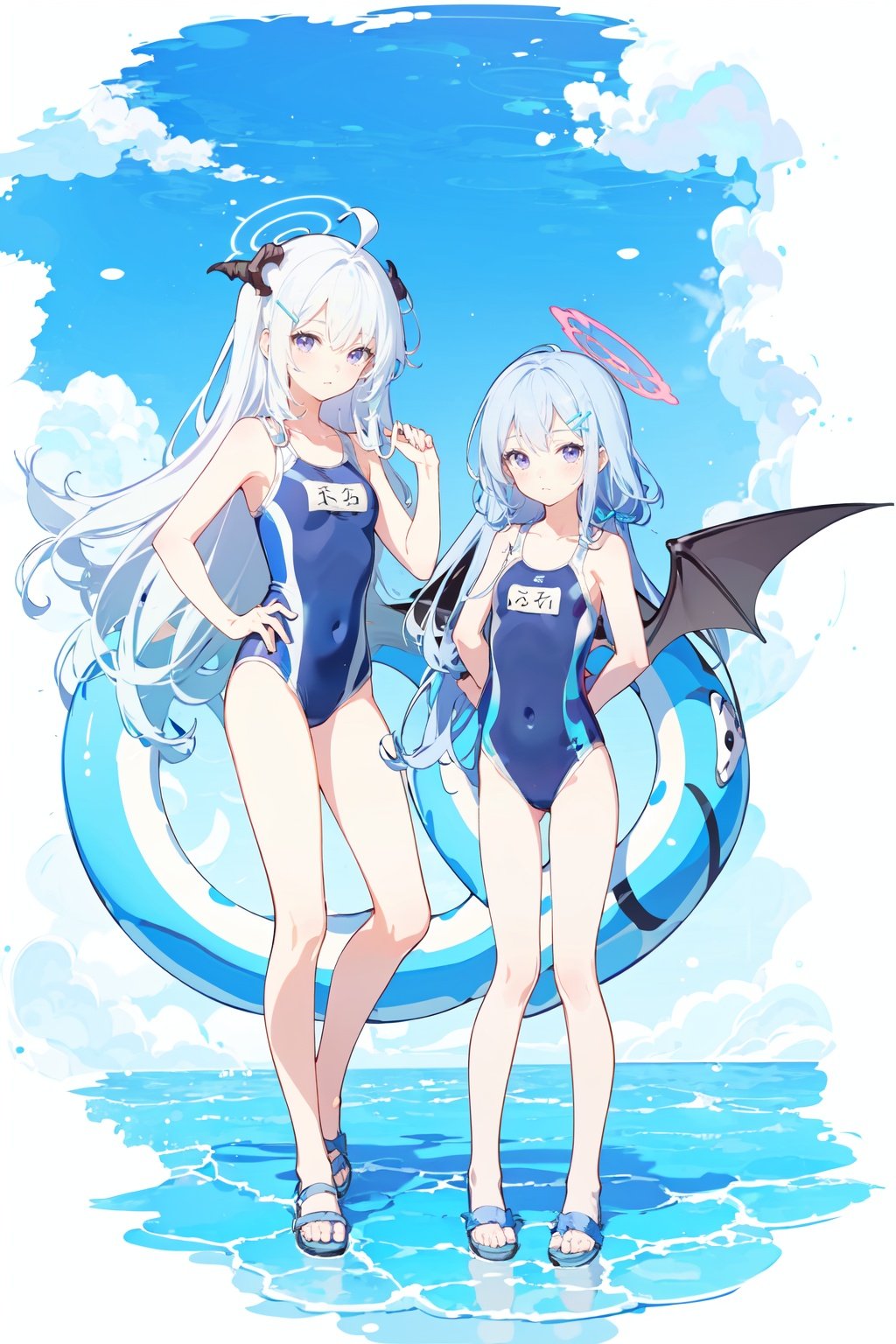 -hina (blue archive), hina (swimsuit) (blue archive), swimsuit, innertube, long hair, one-piece swimsuit, school swimsuit, halo, starfish, horns, wings, white hair, sandals, multiple girls, looking at viewer, white background, standing, low wings, full body, purple eyes, very long hair, bangs, whistle, hairclip, hair ornament, whistle around neck, ahoge, 2girls, simple background, name tag, one side up, multiple horns, parted bangs, old school swimsuit, collarbone, demon wings, blue one-piece swimsuit, official alternate costume, blush, closed mouth,blue archive,<lora:blue archive-000018:0.8>,