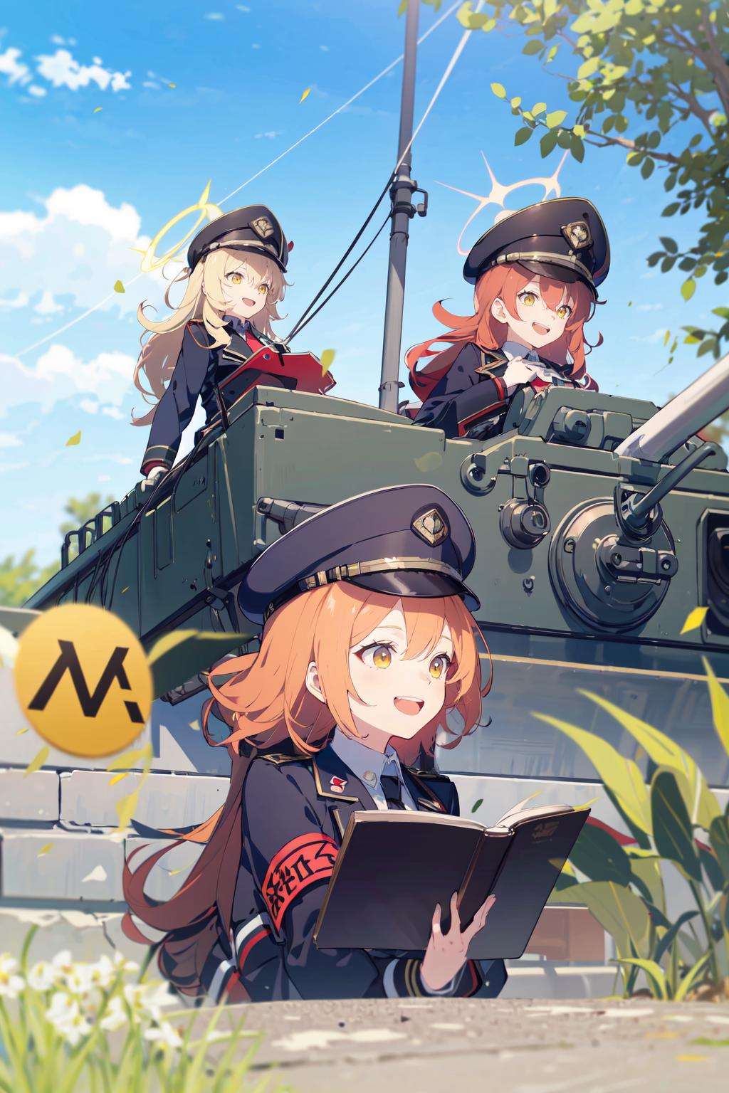 -military, multiple girls, ground vehicle, tank, hat, 2girls, motor vehicle, military hat, outdoors, armband, halo, military uniform, uniform, red hair, necktie, military vehicle, blonde hair, sky, long hair, blurry, day, book, peaked cap, cloud, jacket, shirt, blue sky, yellow eyes, depth of field, black headwear, open mouth, military jacket, long sleeves, bangs, collared shirt, smile, tree, blurry background, building, red necktie, blurry foreground, black jacket, wavy hair, caterpillar tracks,blue archive,<lora:blue archive-000018:0.8>,