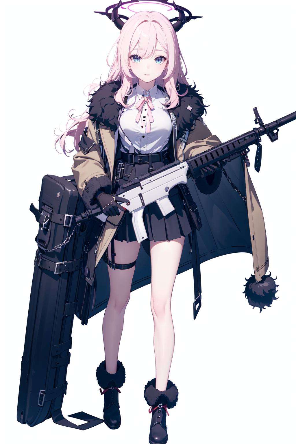 (masterpiece:1.2),best quality,PIXIV,blue archive,1girl,aru (blue archive),solo,weapon,gun,horns,skirt,halo,gloves,long hair,rifle,sniper rifle,shirt,white gloves,black skirt,holding,white background,pink hair,white shirt,ribbon,simple background,fur trim,neck ribbon,holding weapon,full body,looking at viewer,red ribbon,holding gun,coat,bangs,long sleeves,black footwear,shaded face,collared shirt,breasts,fur-trimmed coat,brown coat,<lora:blue archive-000018:0.8>,