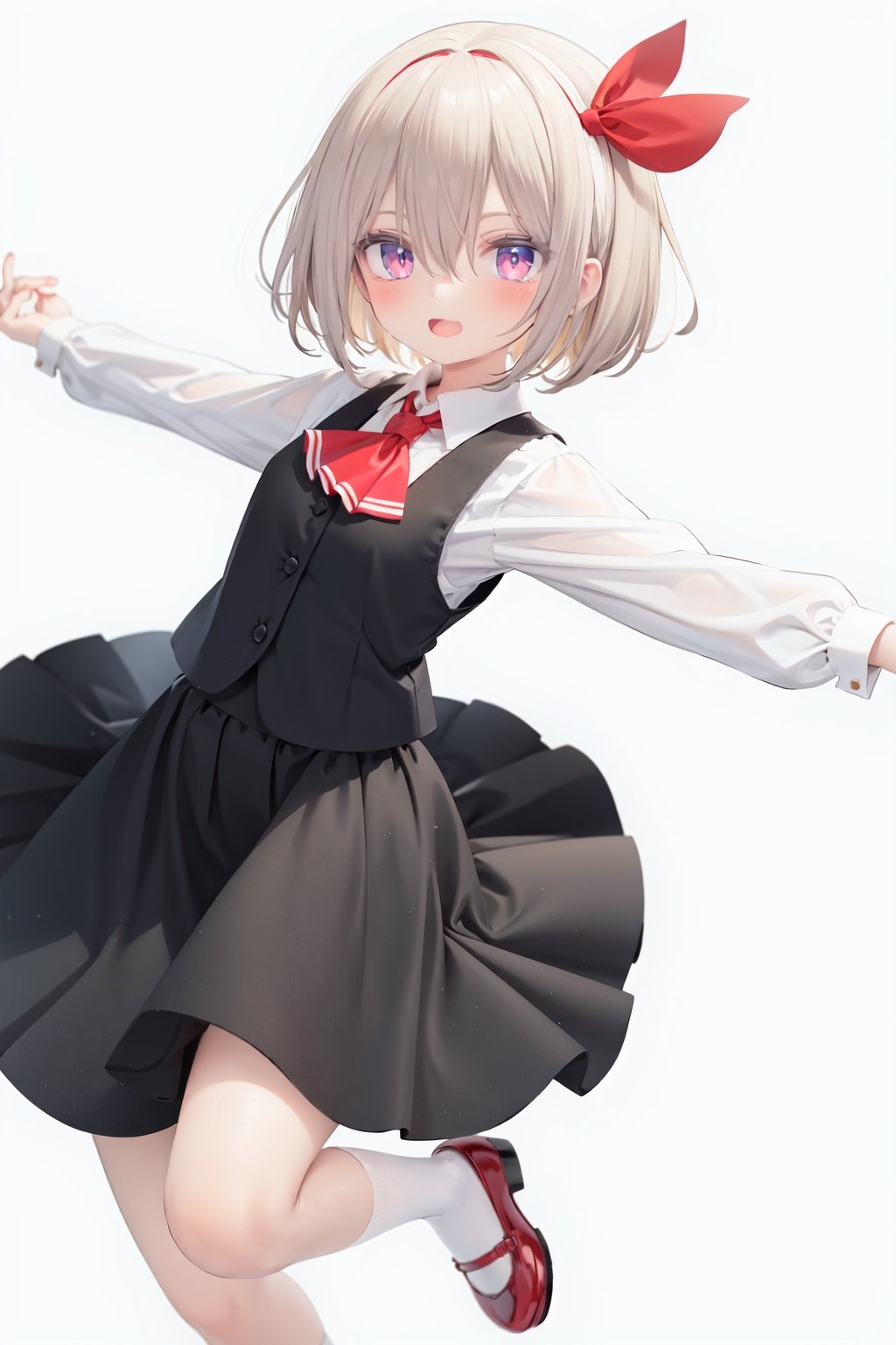  1girl, rumia, blonde hair, solo, white background, red eyes, red footwear, simple background, ascot, short hair, ribbon, open mouth, hair ribbon, smile, long sleeves, shirt, looking at viewer, red ascot, white socks, white shirt, red ribbon, shoes, socks, frills, bangs, outstretched arms, hair between eyes, skirt, :d, dress, vest, mary janes, black dress, black skirt, collared shirt, black vest, blush