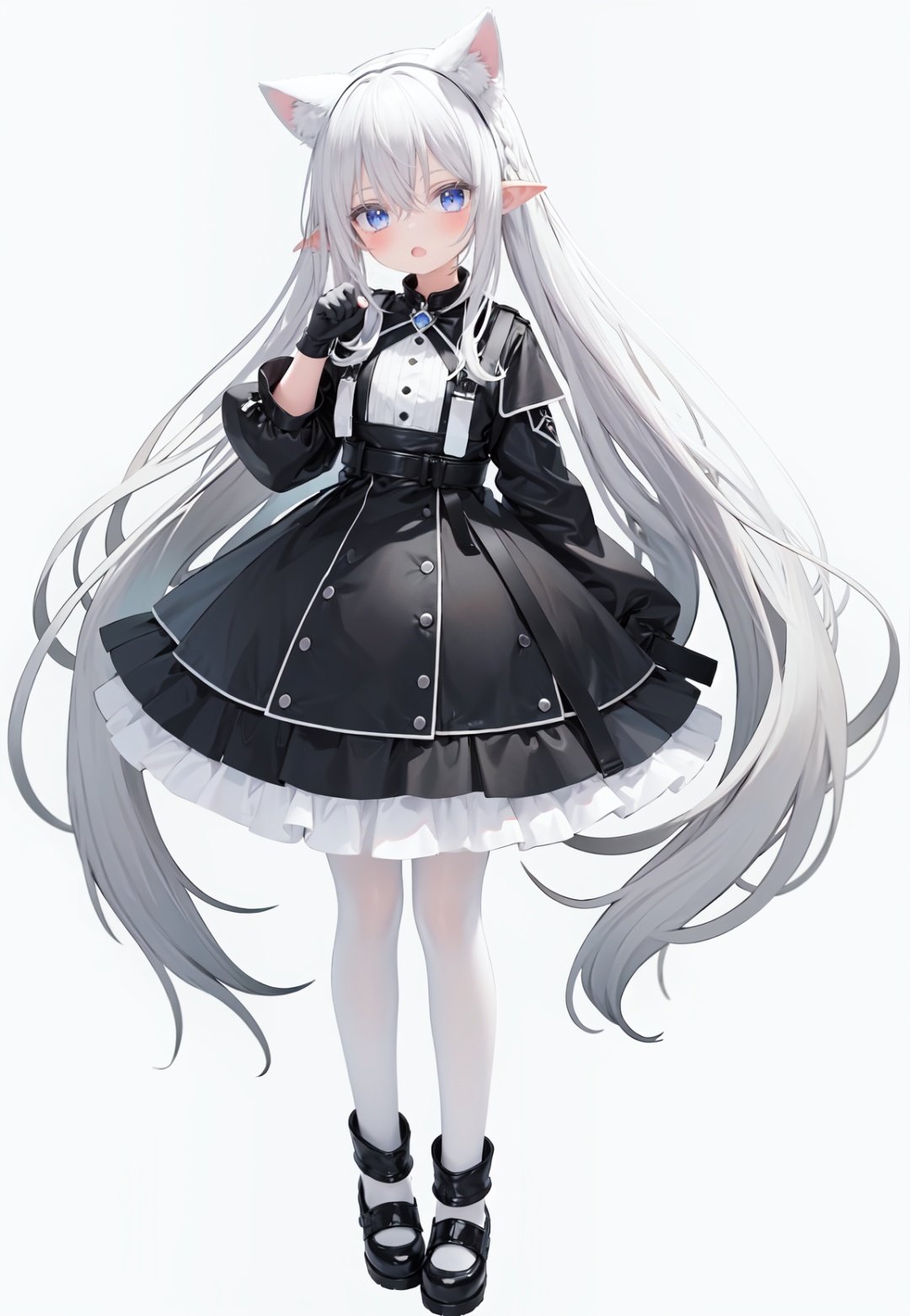  1girl, white_gloves, braid, full_body, gloves, long_hair, official_alternate_costume, pointy_ears, simple_background, solo, standing, very_long_hair, white_background, white hair, blue eyes, paw claw pose, open_mouth