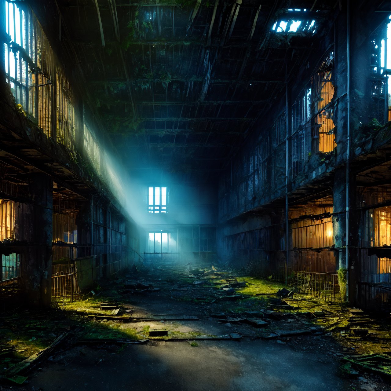 High-quality, ultra-realistic digital art, 64K HDR, eerie and haunting scene of (prison ruins:1.4) with (human skeletons:1.3), adjacent to a (dilapidated ancient hospital:1.4), crumbling walls, broken windows, overgrown vegetation, faded signs, rusted medical equipment, debris, sense of history and neglect, atmospheric lighting, photorealism.