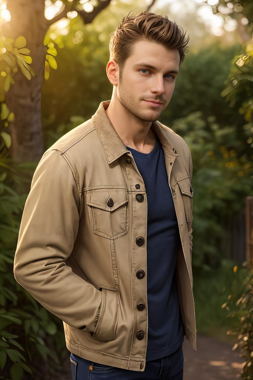 photo portrait of a Lanky 35 year old Swedish man with Medium complexion wearing a Beige Denim jacket, detailed clothes, textured clothes, outdoors, hdr, Studio quality, studio lighting, sharp focus, (diffuse light:1.3), (soft light:1.5), global illumination,