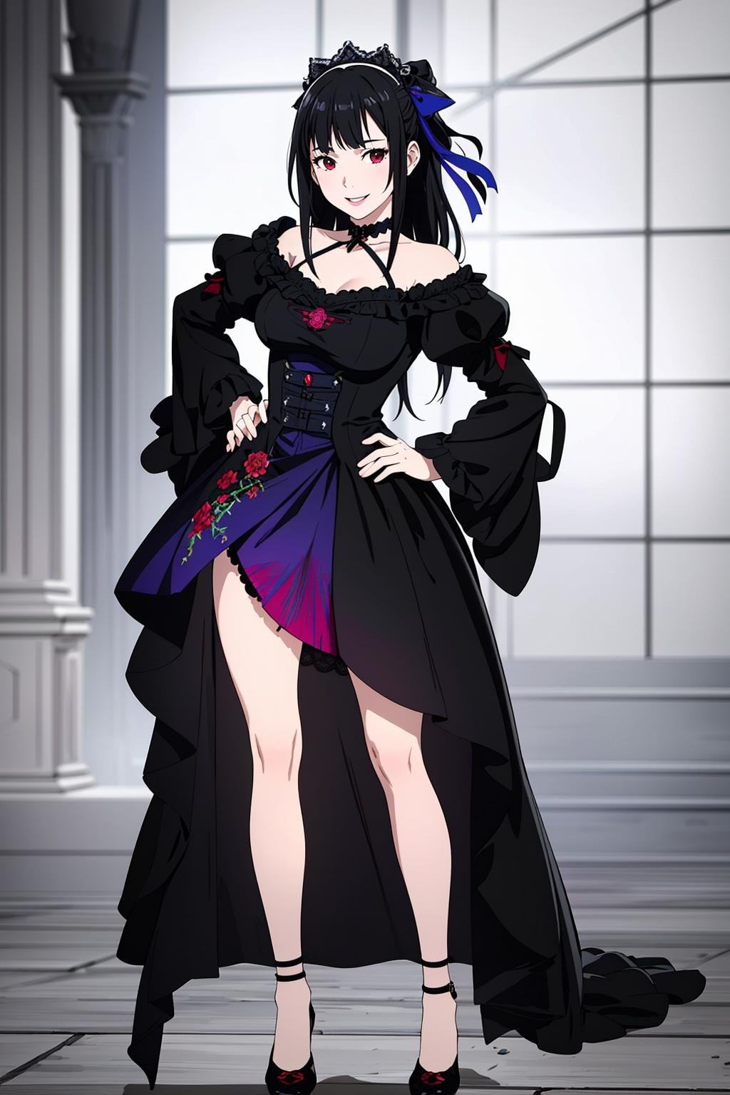 ((Masterpiece, best quality,edgQuality)),solo,1girl,smiling,excited,(full body,standing,hand on hip)edgwrench, a woman in a black dress,wearing edgwrench,embroidery,ribbons <lora:edgWrenchDress:0.8>