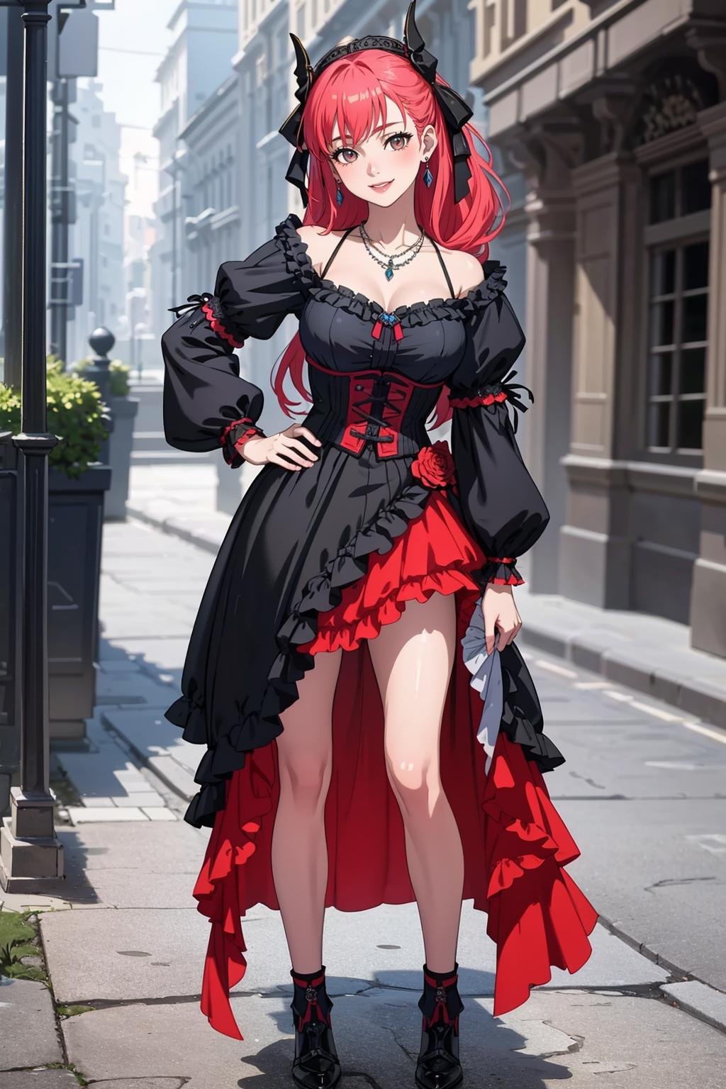 ((Masterpiece, best quality,edgQuality)),solo,1girl,smiling,excited,(full body,standing,hand on hip)edgwrench, a woman in a dress and a necklace ,wearing edgwrench,embroidery,ribbons <lora:edgWrenchDress:0.8>