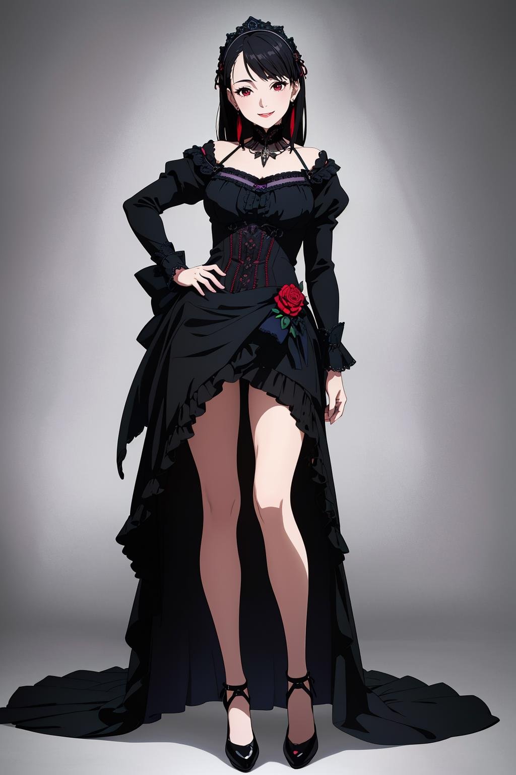 ((Masterpiece, best quality,edgQuality)),solo,1girl,smiling,excited,(full body,standing,hand on hip)edgwrench, a woman in a black dress,wearing edgwrench,embroidery,ribbons <lora:edgWrenchDress:0.8>