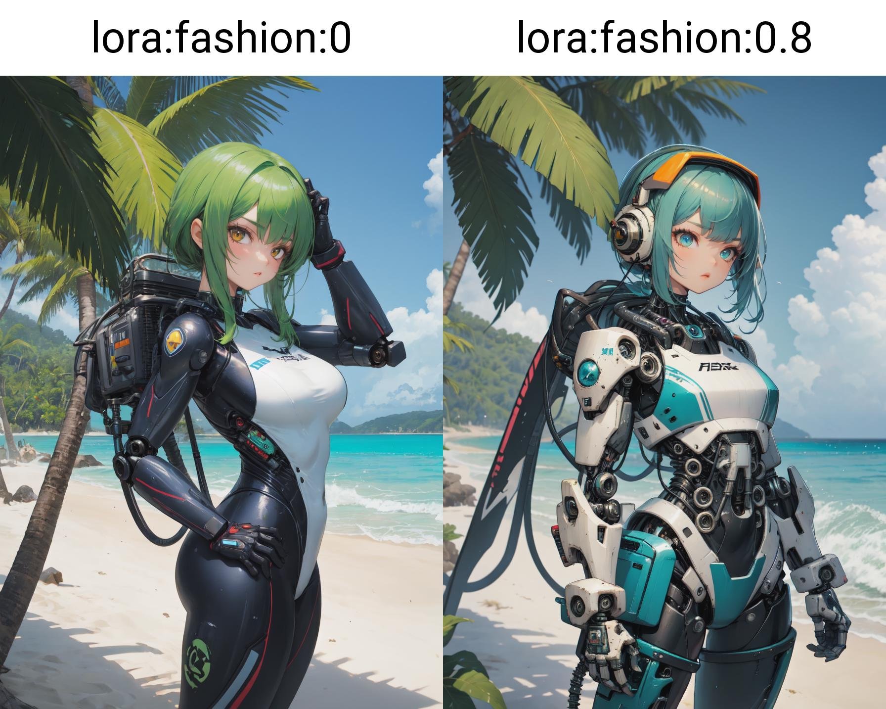 1girl, beach, mecha, plugsuit, tropical plants<lora:fashion:0>