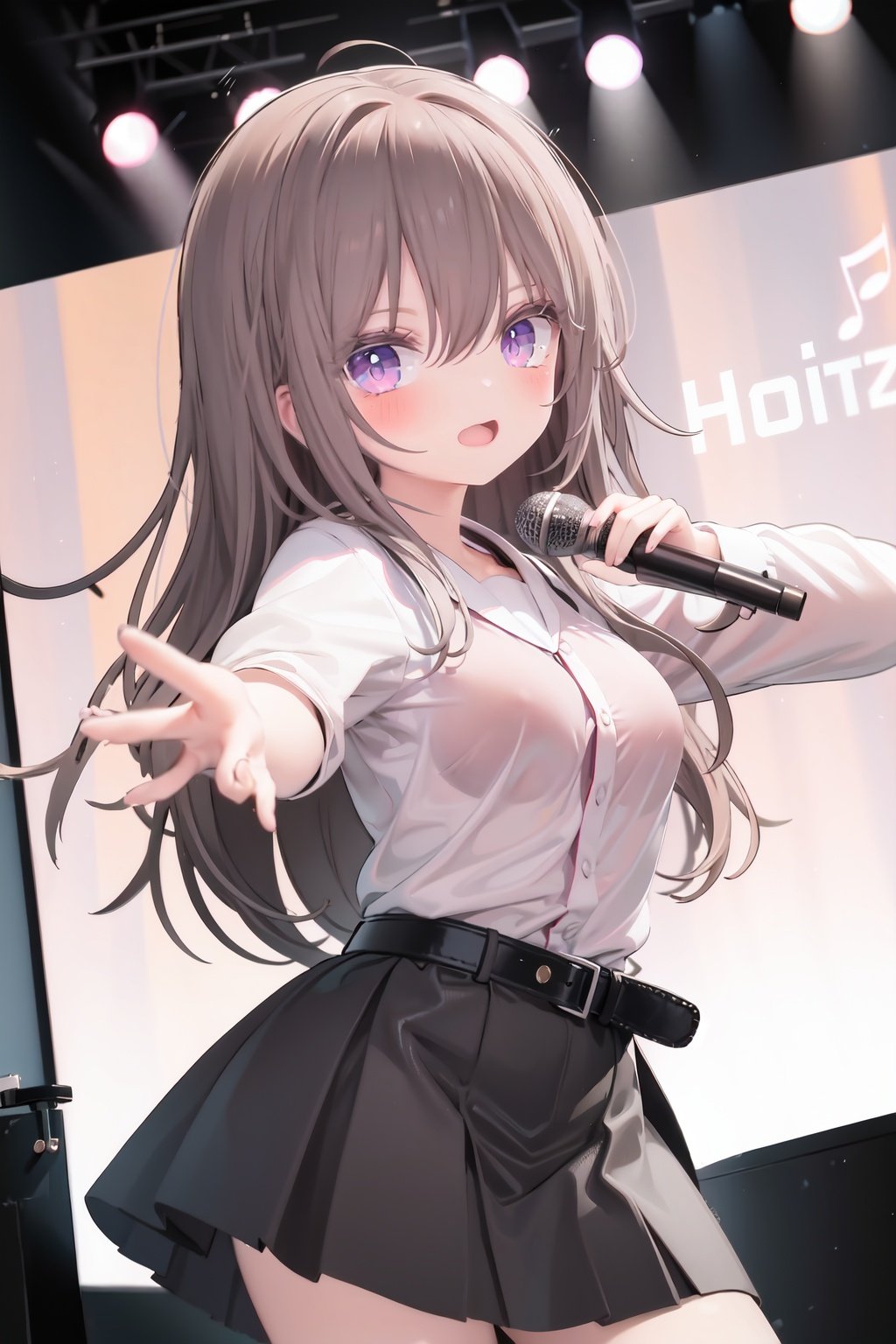  1girl, solo, microphone, smile, skirt, blush, brown eyes, long hair, open mouth, looking at viewer, brown hair, long sleeves, :d, shirt, bangs, belt, breasts, pink shirt, outstretched arm, music, black belt, medium breasts, holding microphone, singing