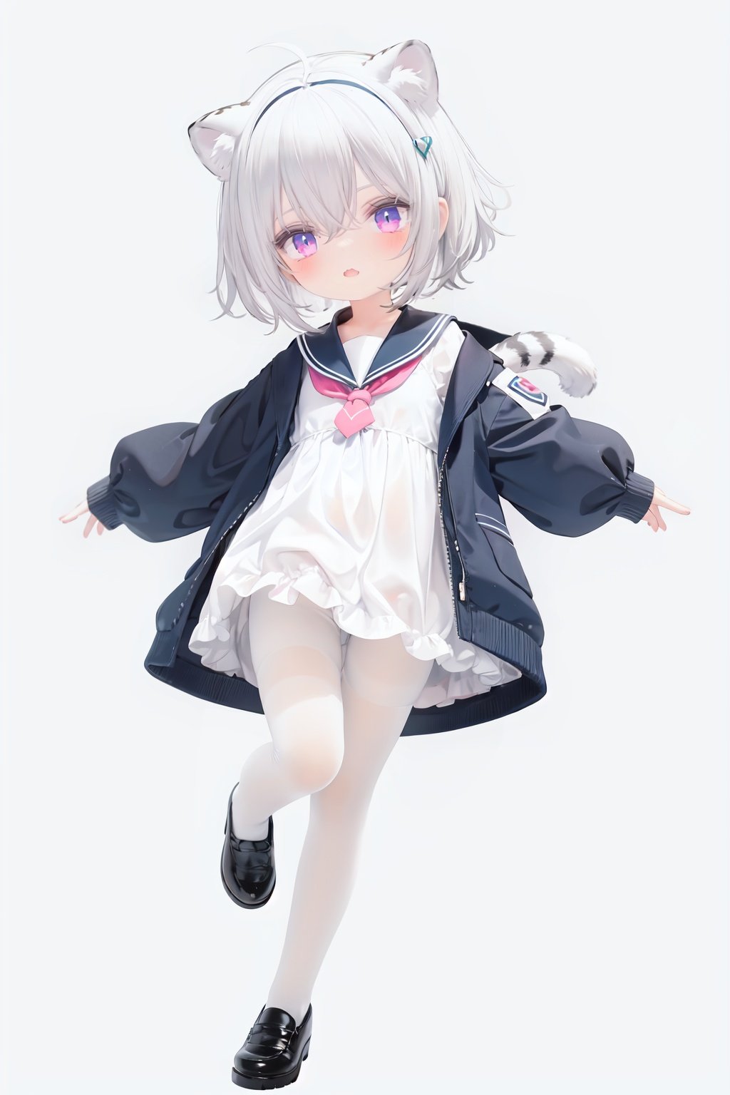  cute,Infant,solo blue shirt,blue sailor coat,loli,full body,white hair,snow leopard ear,white background,pink eyes,laugh,happy,white pantihose,white pantyhose,red armband,