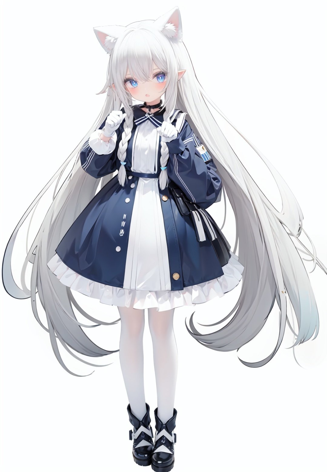  1girl, white_gloves, braid, full_body, gloves, long_hair, official_alternate_costume, pointy_ears, simple_background, solo, standing, very_long_hair, white_background, white hair, blue eyes, paw claw pose, open_mouth