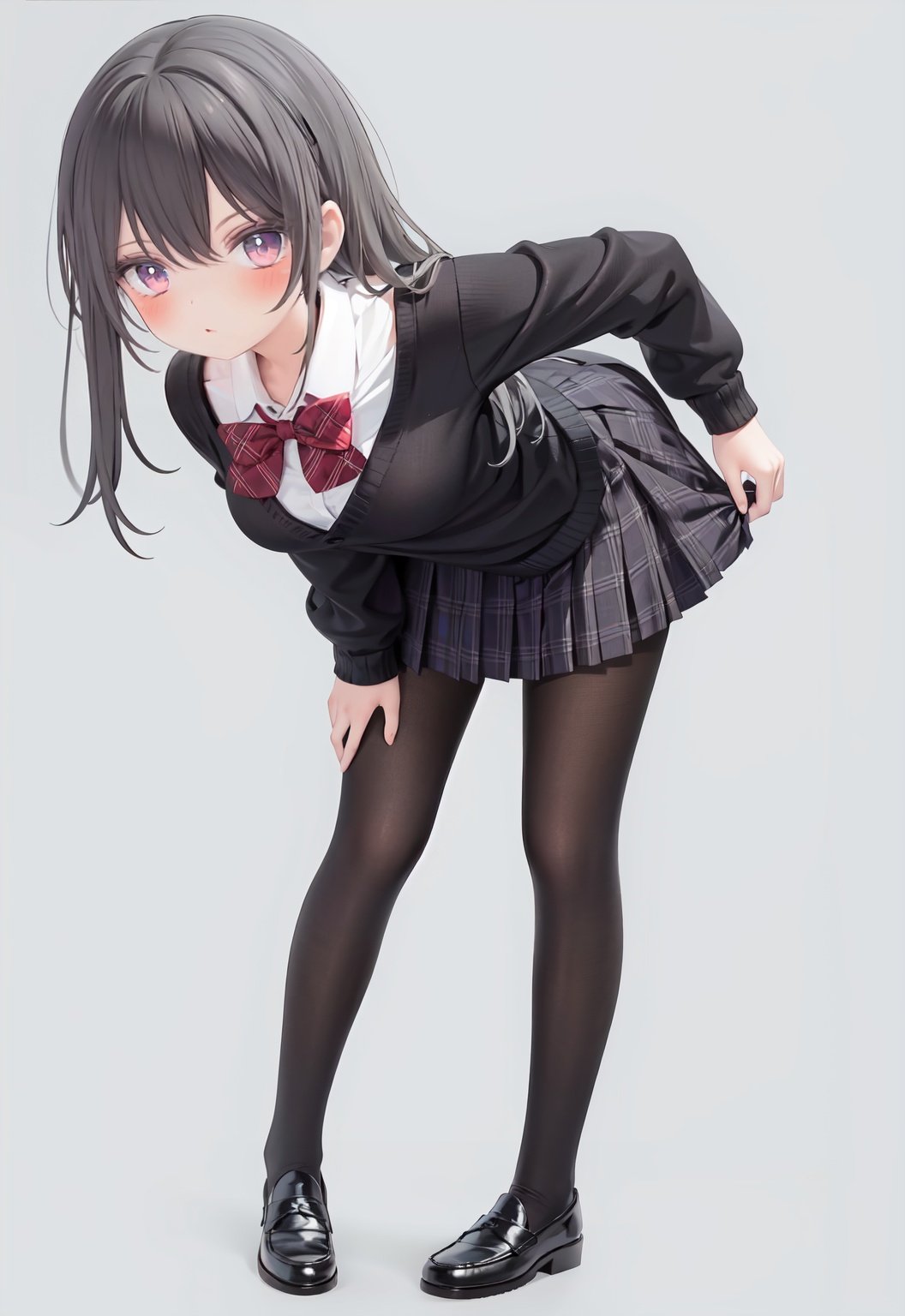  1girl, solo, pantyhose, skirt, long hair, loafers, shoes, simple background, school uniform, brown eyes, plaid, black pantyhose, plaid skirt, looking at viewer, black hair, pantyhose pull, full body, clothes pull, black footwear, pleated skirt, leaning forward, bangs, long sleeves, bent over, cardigan, bow, bowtie, standing, closed mouth, pulled by self, grey background, blush, miniskirt, red bow, sweater, undressing