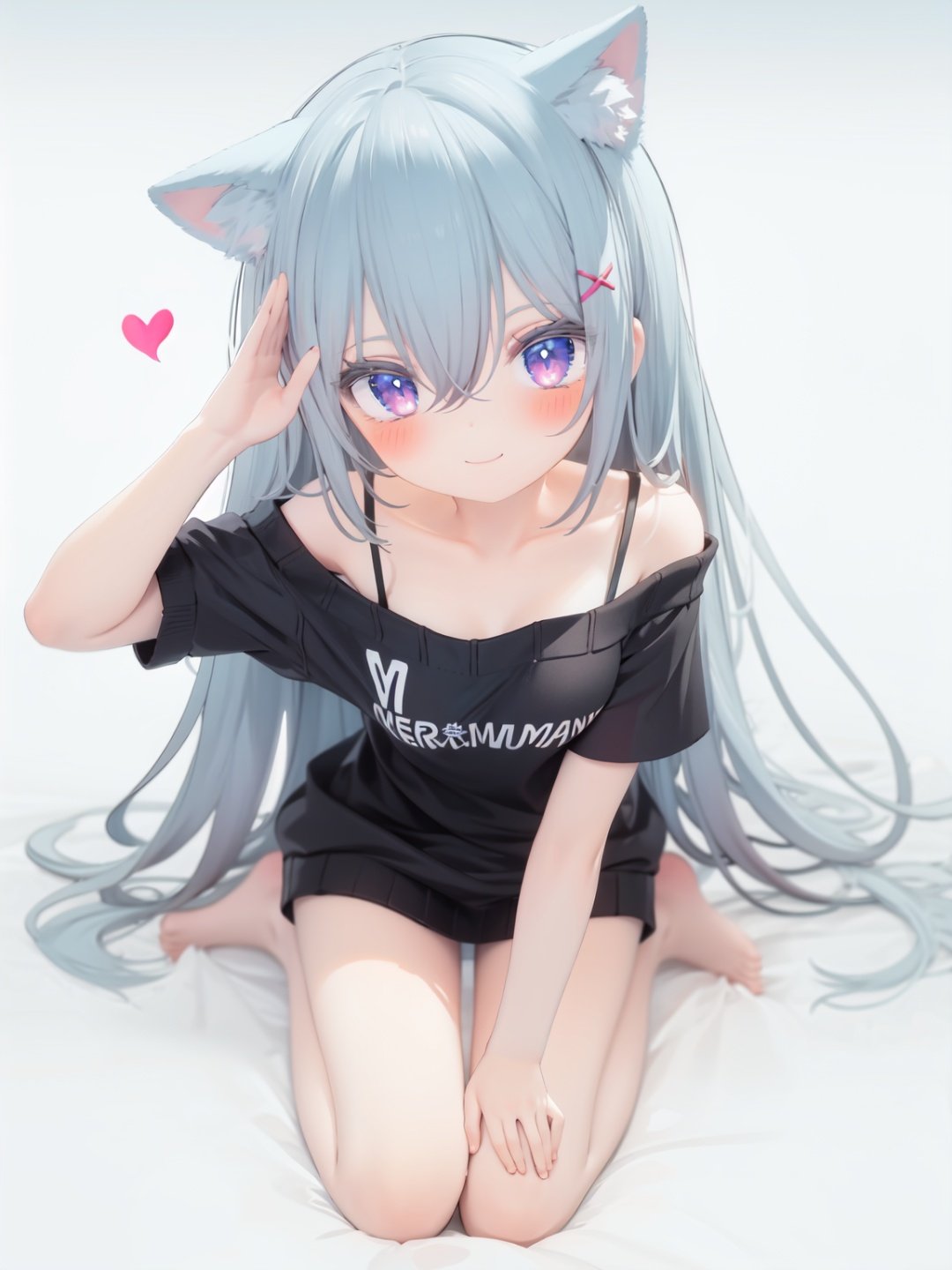  petite, loli, solo, animal ears, heart, puffy short sleeves, blue hair, long hair, off shoulder, bangs, hair ornament, gradient background,rainbow gradient, x hair ornament, animal ear fluff, looking at viewer, very long hair, blush, smile, cat ears, bare shoulders, collarbone, hand up, gradient sweater, hair between eyes, symbol-shaped pupils, arm up, heart-shaped pupils, hairclip, medium breasts, salute, bare legs,full body