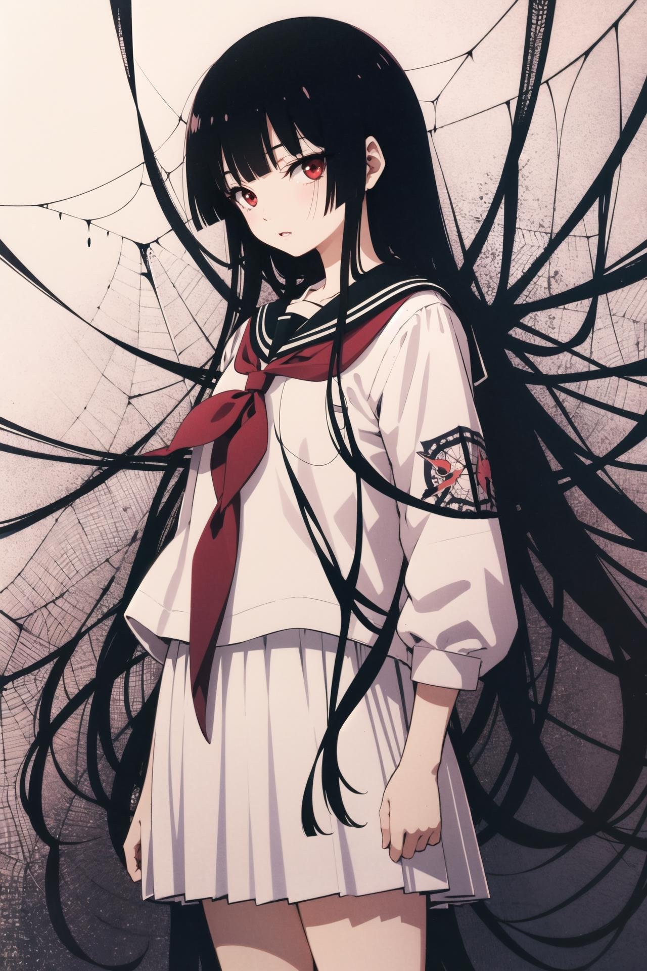 Enma Ai, 1girl, solo, school uniform, black hair, serafuku, hime cut, silk, long hair, spider web, black serafuku, red eyes, blunt bangs, bangs, <lora:Enma Ai:0.8>