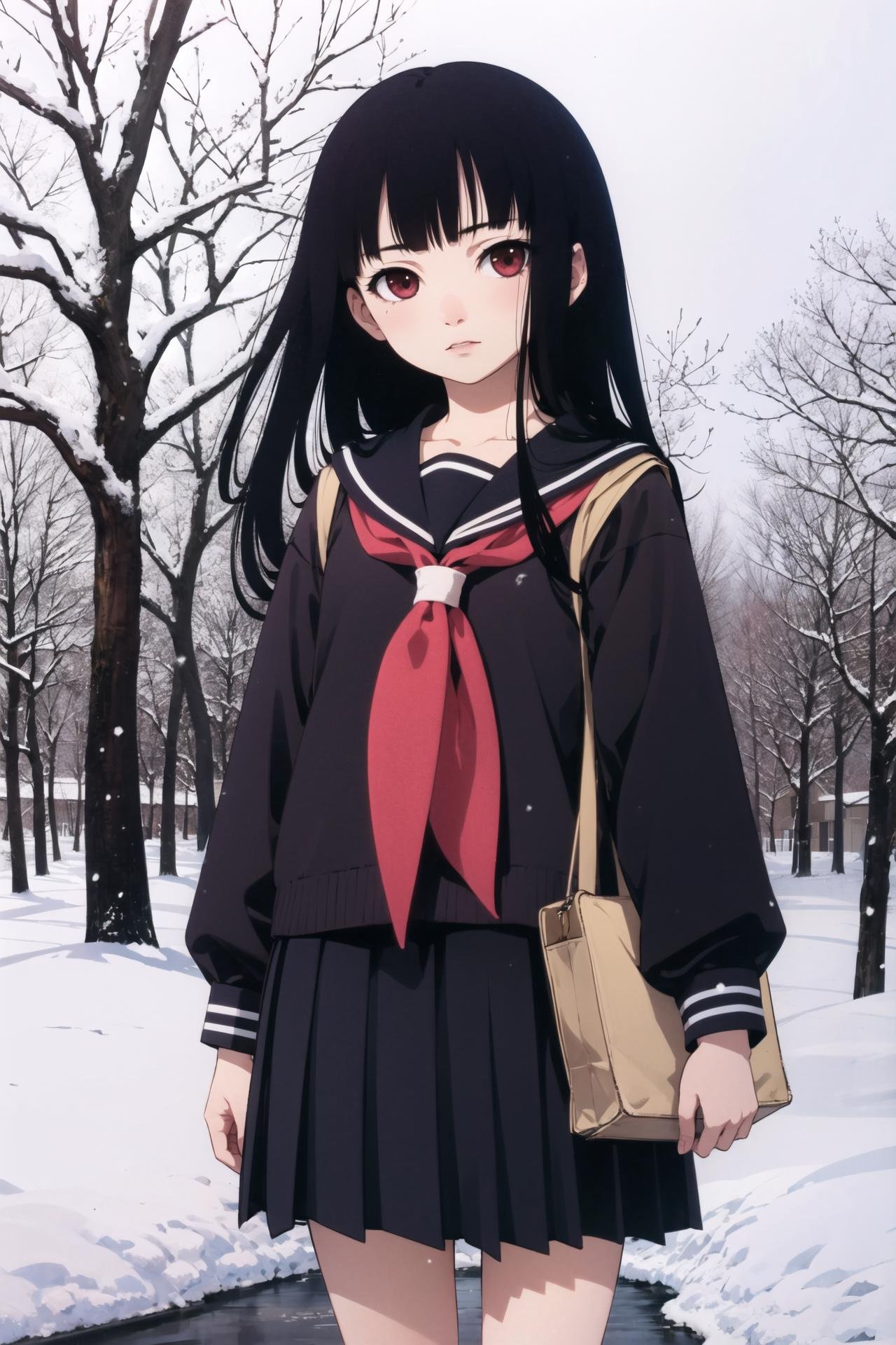 Enma Ai, 1girl, solo, school uniform, long hair, black hair, snow, serafuku, snowing, black serafuku, hime cut, scarecrow, <lora:Enma Ai:0.8>