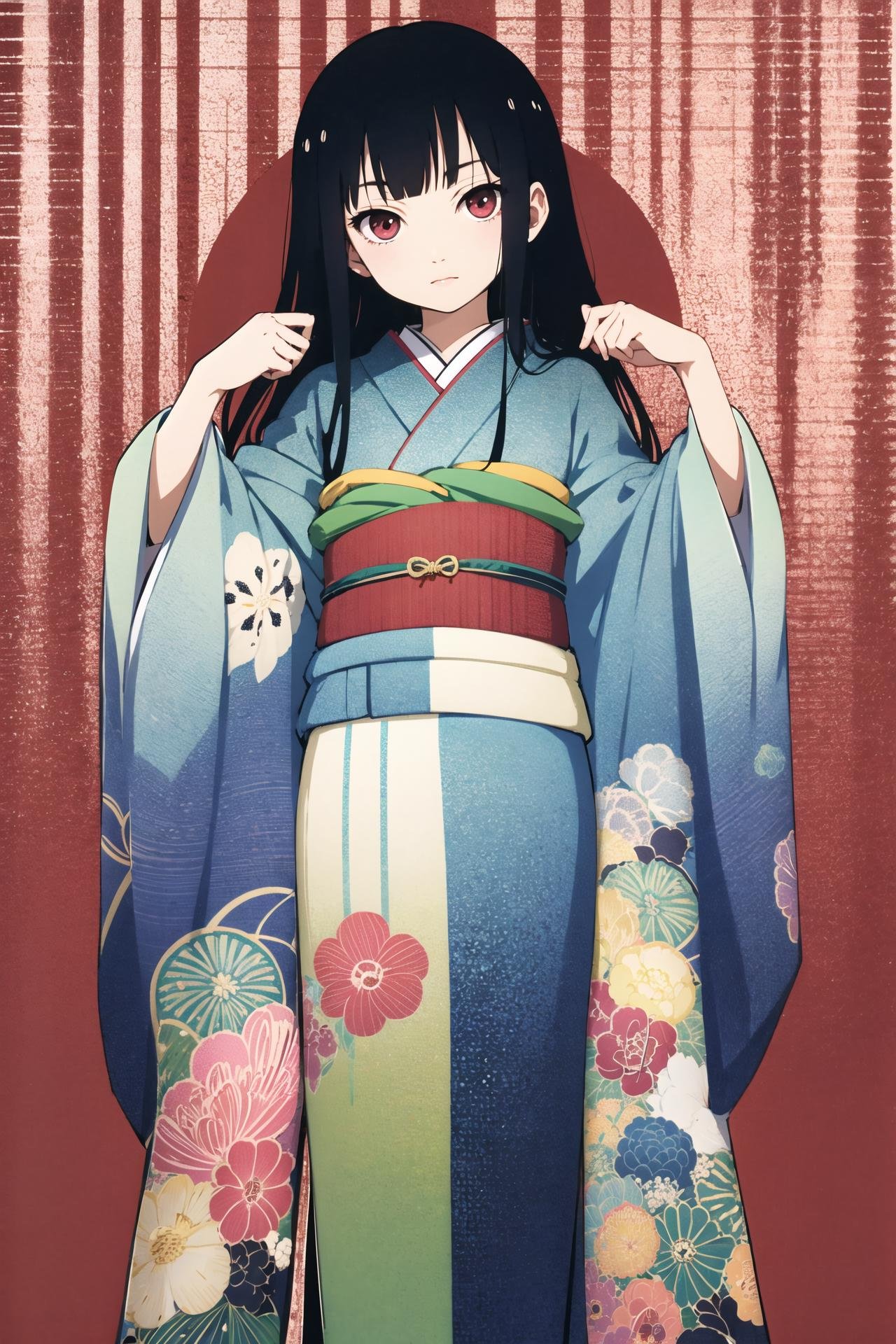 Enma Ai, 1girl, solo, japanese clothes, kimono, long hair, blue hair, redeyes, asa no ha \(pattern\), <lora:Enma Ai:0.8>