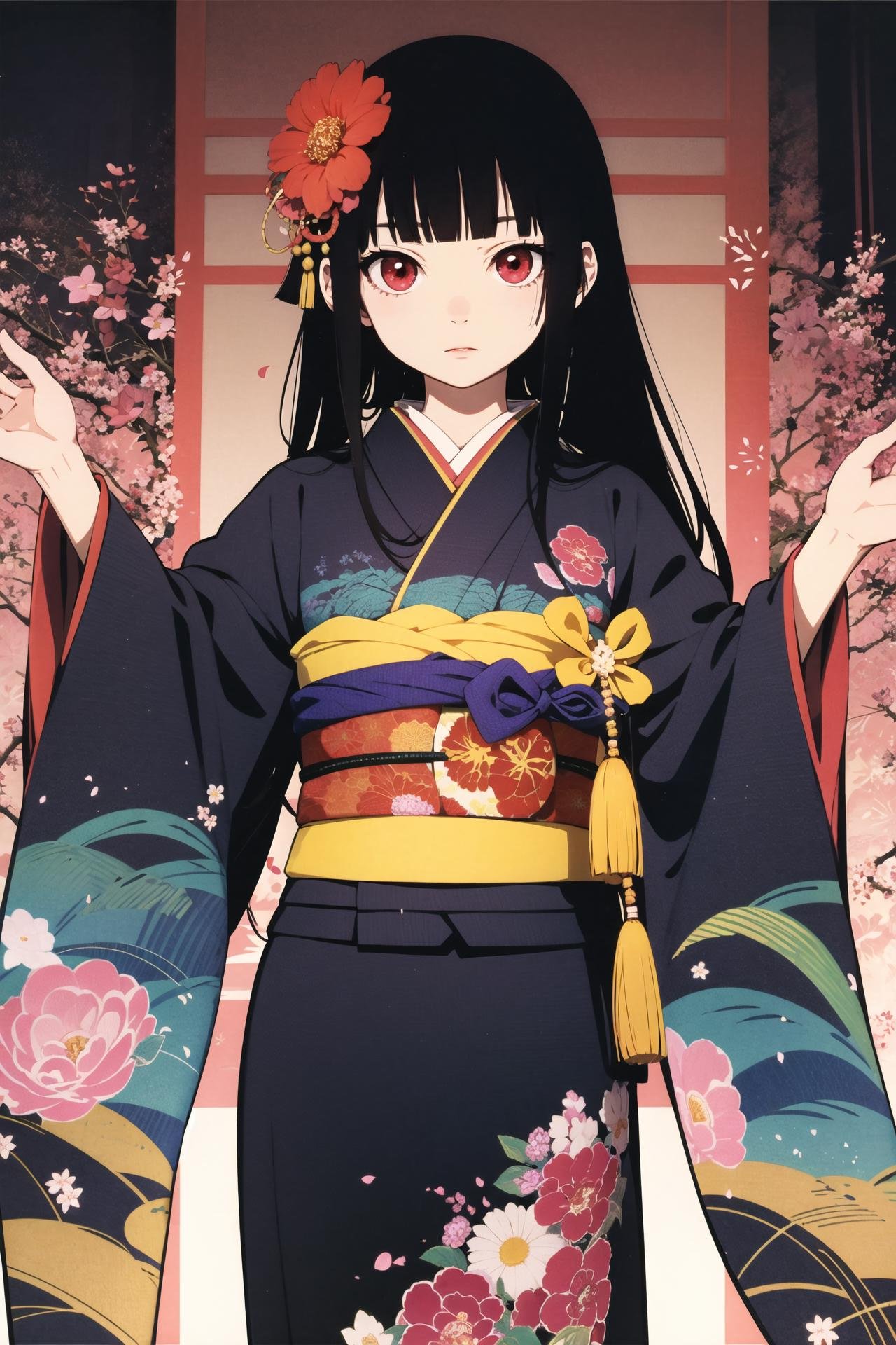 Enma Ai, 1girl, solo, japanese clothes, long hair, bangs, black hair, blunt bangs, kimono, red eyes, hime cut, flower, hair ornament, ball, black kimono, hair flower, holding, sash, obi, floral print, long sleeves, white background, wide sleeves, petals, <lora:Enma Ai:0.8>