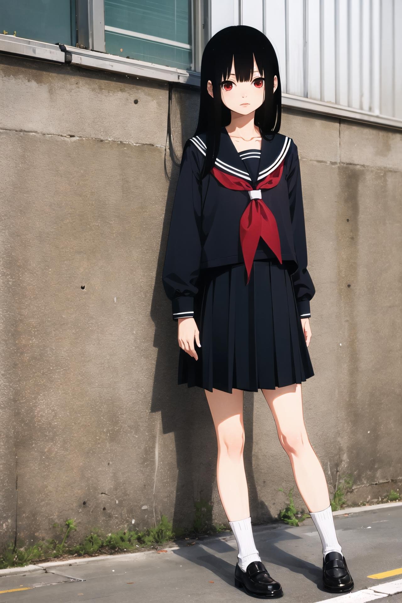 Enma Ai, 1girl, solo, black hair, long hair, school uniform, serafuku, red eyes, black serafuku, skirt, socks, hime cut, blunt bangs, <lora:Enma Ai:0.8>