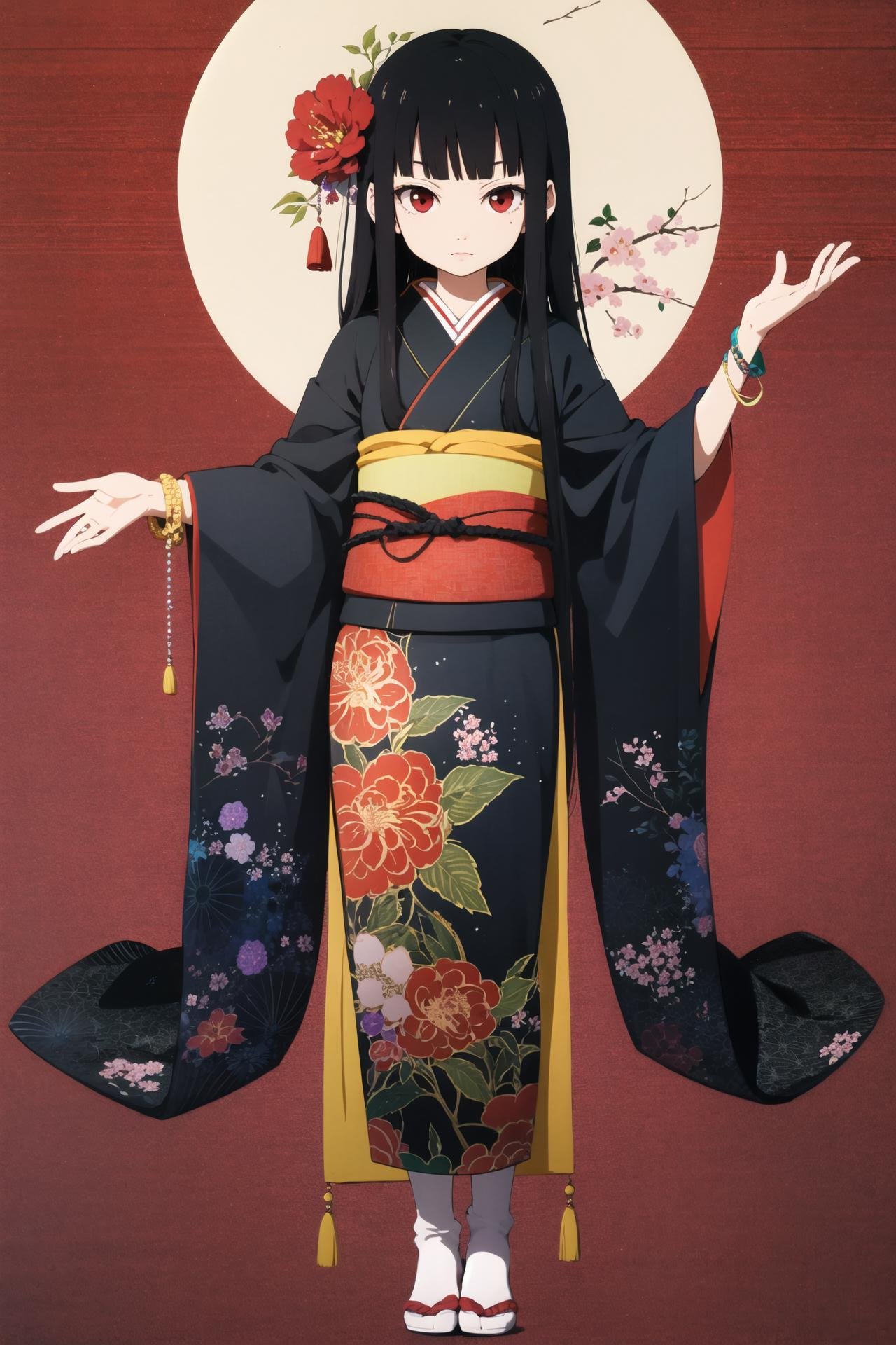 Enma Ai, 1girl, solo, long hair, japanese clothes, black hair, flower, bangs, kimono, floral print, spider, blunt bangs, tabi, jewelry, red eyes, hime cut, sash, black kimono, socks, bracelet, looking at viewer, full body, red flower, <lora:Enma Ai:0.8>