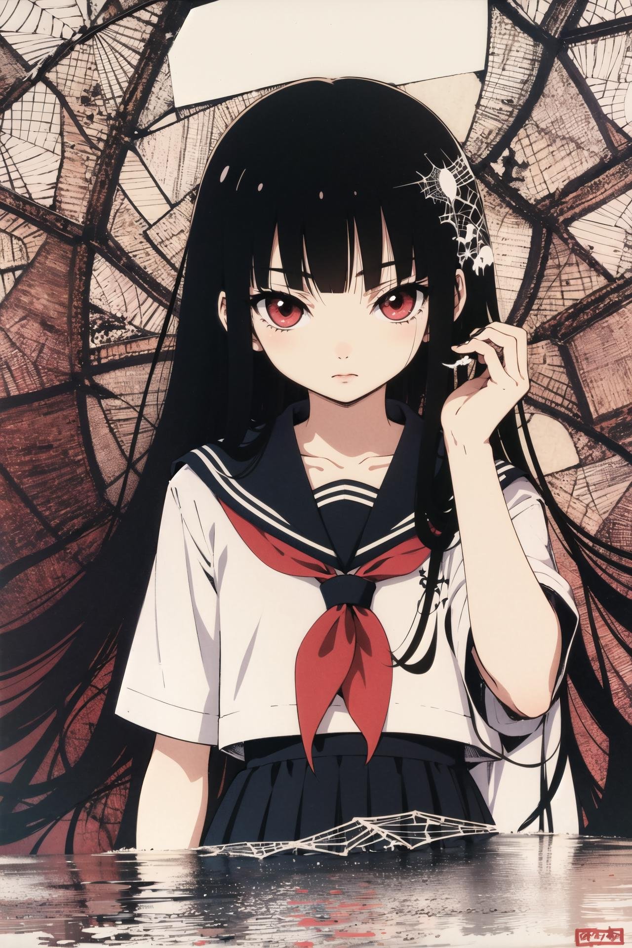 Enma Ai, 1girl, solo, school uniform, black hair, serafuku, hime cut, silk, long hair, spider web, black serafuku, red eyes, blunt bangs, bangs, <lora:Enma Ai:0.8>