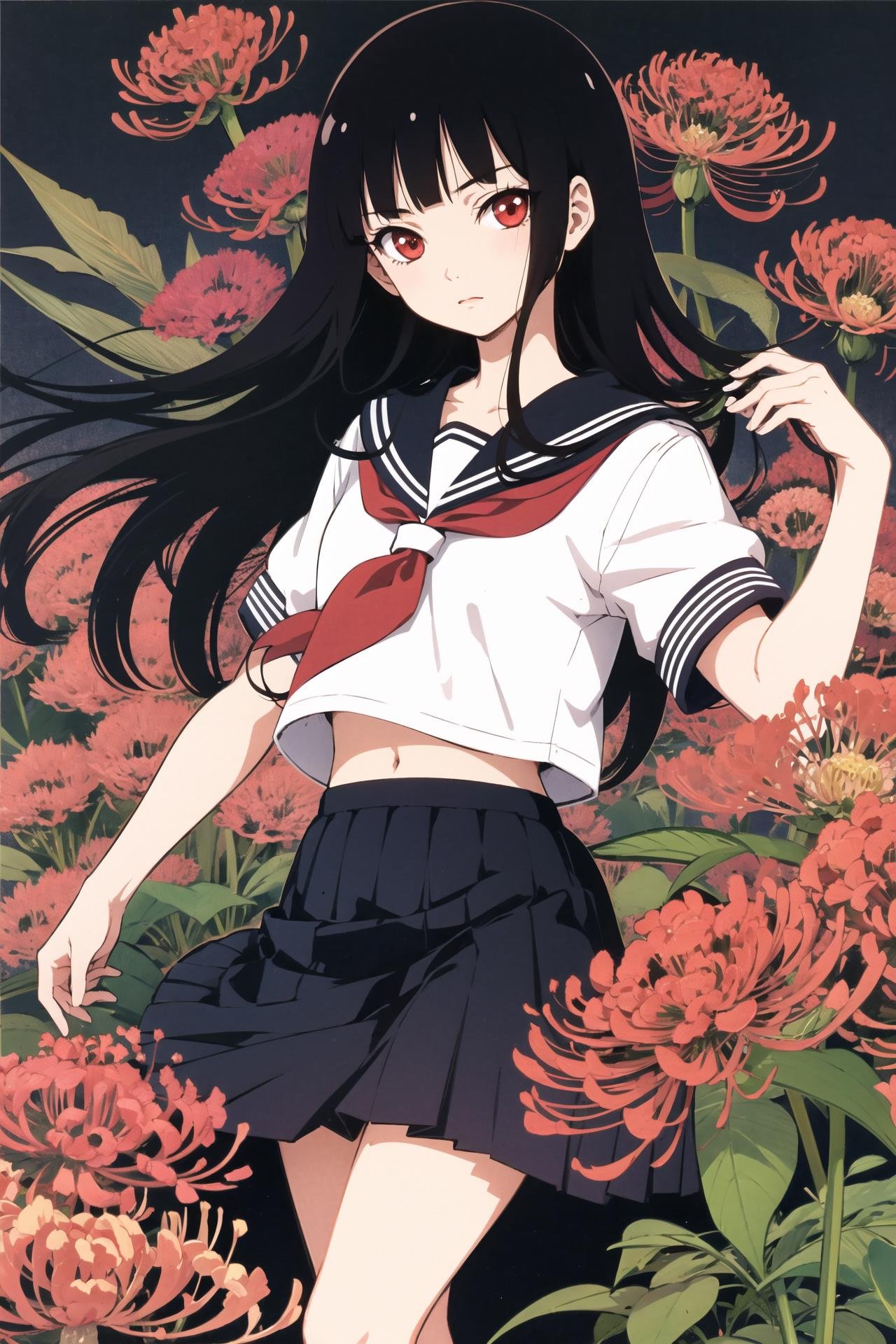 Enma Ai, 1girl, long hair, solo, flower, black hair, red eyes, spider lily, hime cut, school uniform, serafuku, black serafuku, skirt,looking at viewer, simple background,  <lora:Enma Ai:0.8>