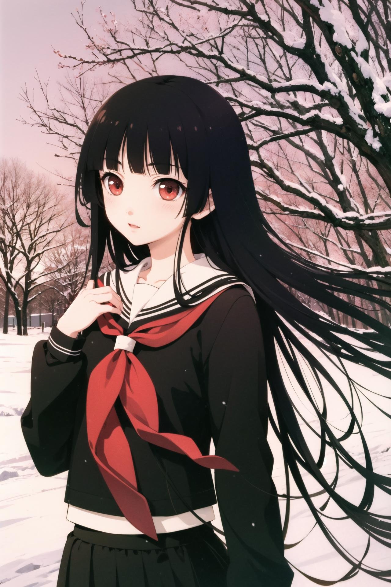 Enma Ai, 1girl, solo, school uniform, long hair, black hair, snow, serafuku, snowing, black serafuku, hime cut, scarecrow, <lora:Enma Ai:0.8>