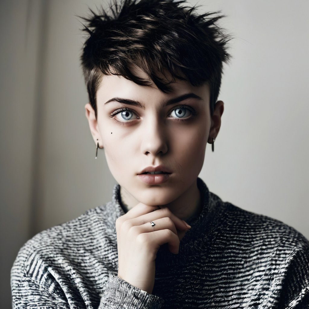 Dramatic portrait of a young woman with stylish haircut and piercing eyes. High-contrast, gritty feel from film camera with sharp features. Ideal for fashion, ads, or striking wall art.