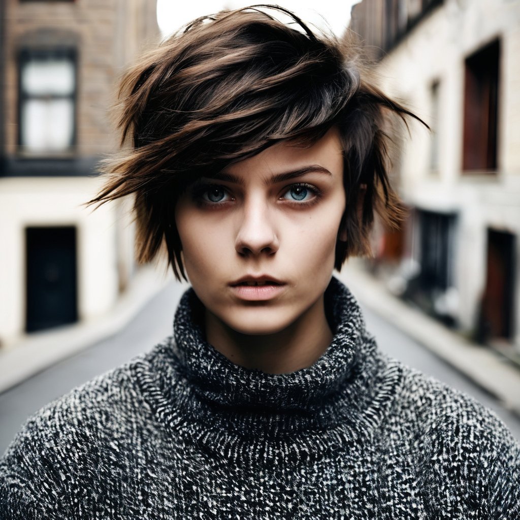 Dramatic portrait of a young woman with stylish haircut and piercing eyes. High-contrast, gritty feel from film camera with sharp features. Ideal for fashion, ads, or striking wall art.