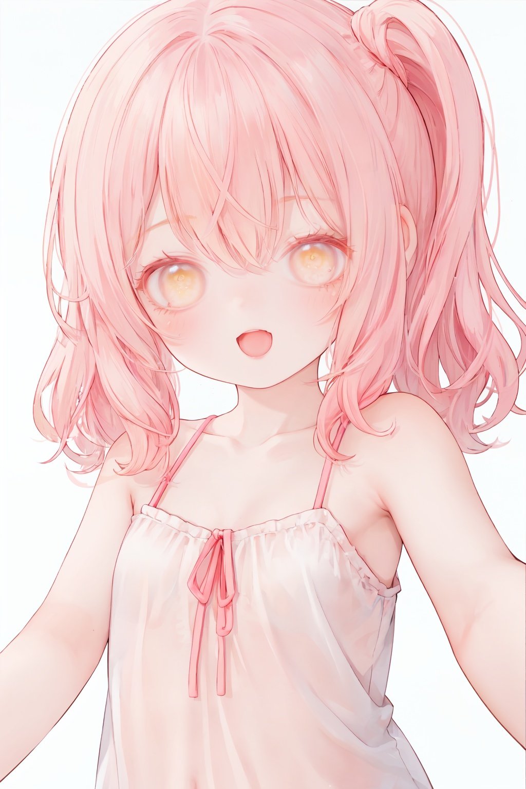 1girl, solo,looking at viewer,collarbone, blush,bare arms, bare shoulders, reaching out,close range, pink hair,yellow eyes,hair over one eye,hair tie,medium hair with long locks , low tied,low ponytail,long locks,solo locks,child,small breasts,bare shoulders,blush,light smile,open mouth, winking, standing,upper body,white background,