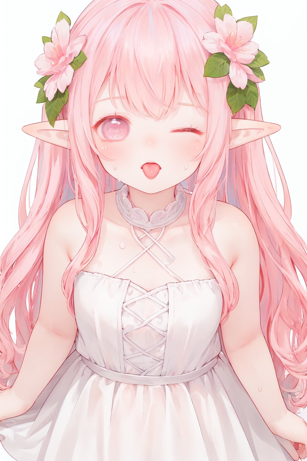 white background, 
looking at viewer,blush,close range,
white dress,strapless, pink hair,eyes closed, pointy ears, long hair, hair flower, Lateral hair,elf, 
light smile,open mouth,standing,upper body,tongue,close-up,from above,sweat,frown