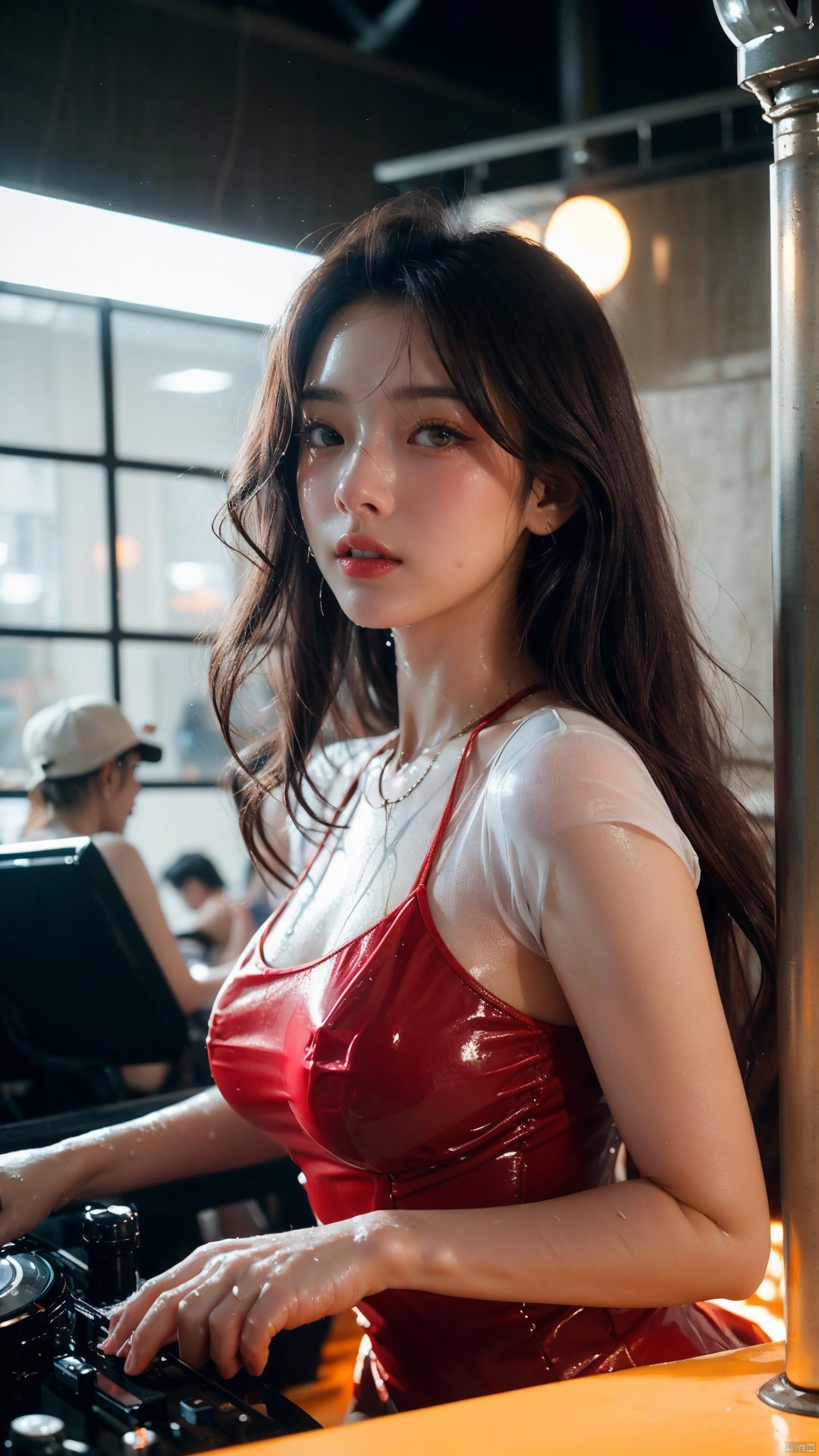  A sultry and energetic female DJ commands attention in a vibrant red dress, wet body, wet face, wet hair, captivating the audience with her gaze, as electrifying neon lights surround the lively crowd, creating an atmosphere of excitement and rhythm., tutututu, BY MOONCRYPTOWOW, CN GIRL5, wetshirt