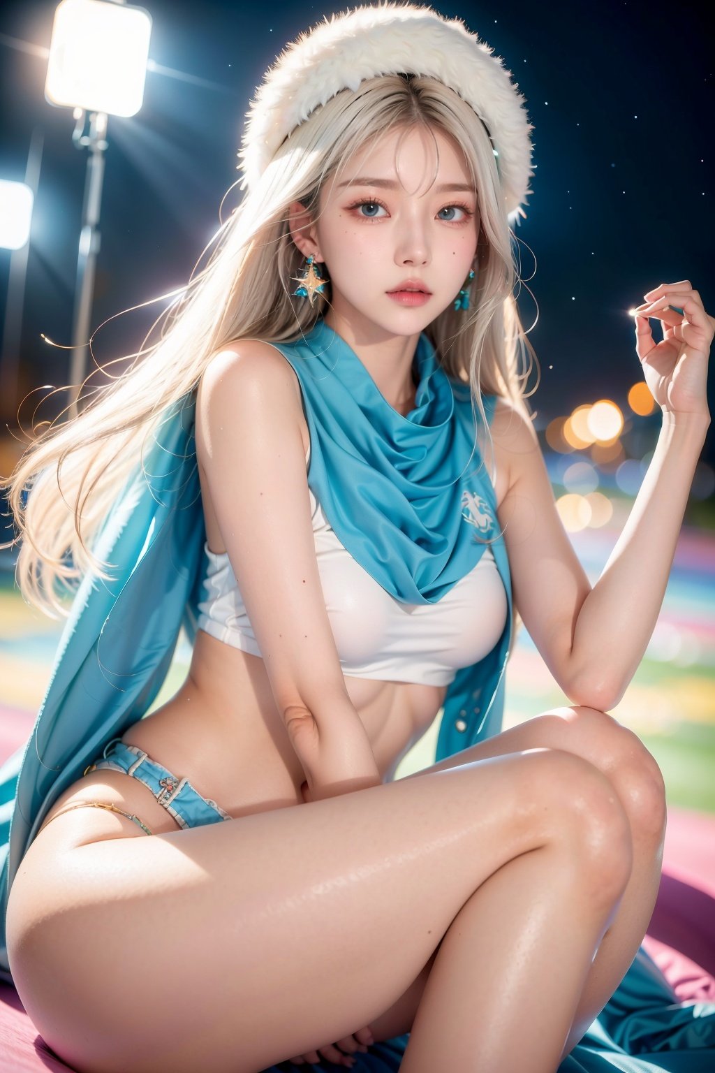 1girl,  white colored hair, Colorful hat, colorful earrings,  blue scarf,  blue eyes, Earrings,  gemstones, Starry sky,  colorful splashes,  glowing,<lora:EMS-78490-EMS:0.700000>,<lora:EMS-89587-EMS:0.800000>