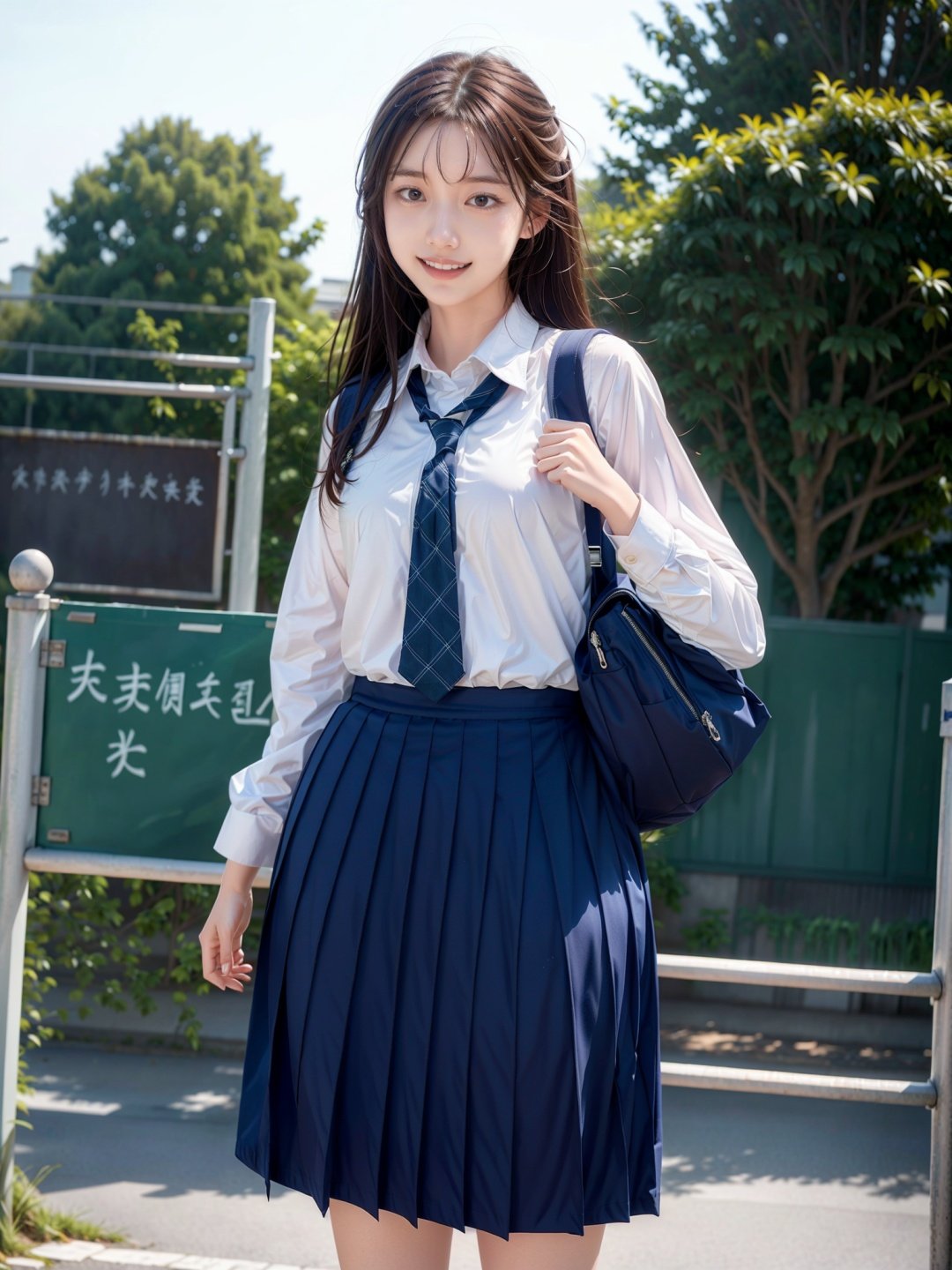 simple_background, girl,  in a high school uniform,  with a cheerful expression,  carrying a backpack,  standing in front of a school gate,  surrounded by classmates, ULTIMATE BEAUTIFUL GIRL,<lora:EMS-89587-EMS:0.800000>