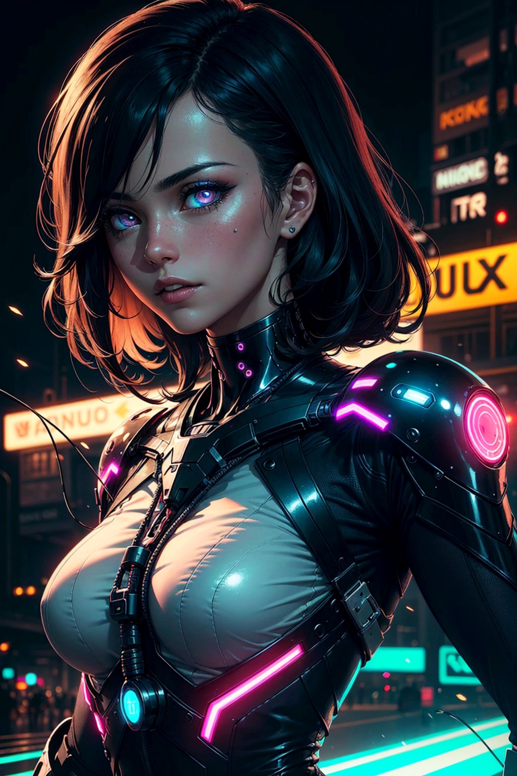 Girl with body of cyborg lady, cybernetic jaw, mechanical parts, white shirt, unbottoned, black latex skirt, metal skin, glowing red eyes, cables, wires, black hair, simple backgroundmasterpiece, best quality, realistic, ultra highres, depth of field, (full dual colour neon lighting:1.2), (detailed face:1.2), (detailed eyes:1.2), (detailed background:1.2), (mountain:1) (masterpiece:1.2), (ultra detailed), (best quality), intricate, comprehensive cinematic, magical photography, (gradients), colorful, detailed landscape, visual key, shiny skin,