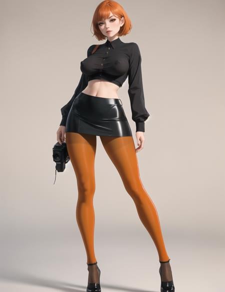 full body shot, 20 yo dido, (seamless one tone tangerine_pantyhose), black_shirt, black shoes, black_mini_skirt, curvy, naked breast, nipples, wearing RFKTR_fshnsta, 8k resolution, beautiful, cinematic, elegant, hyperrealistic, octane render, unreal, high definition, 8k resolution, highly detailed, photo taken with Sony a7R camera, DSLR lens