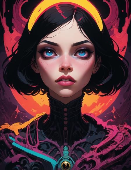 detailed portrait of a young woman, art deco, detailed eyes, beautiful eyes, lips straight down, wide angle, sharp focus, by victo ngai, kilian eng vibrant colours, dynamic lighting, digital art, winning award masterpiece, fantastically beautiful, illustration, aesthetically inspired by beksinski and dan mumford, trending on artstation, art by greg rutkowski, 8k